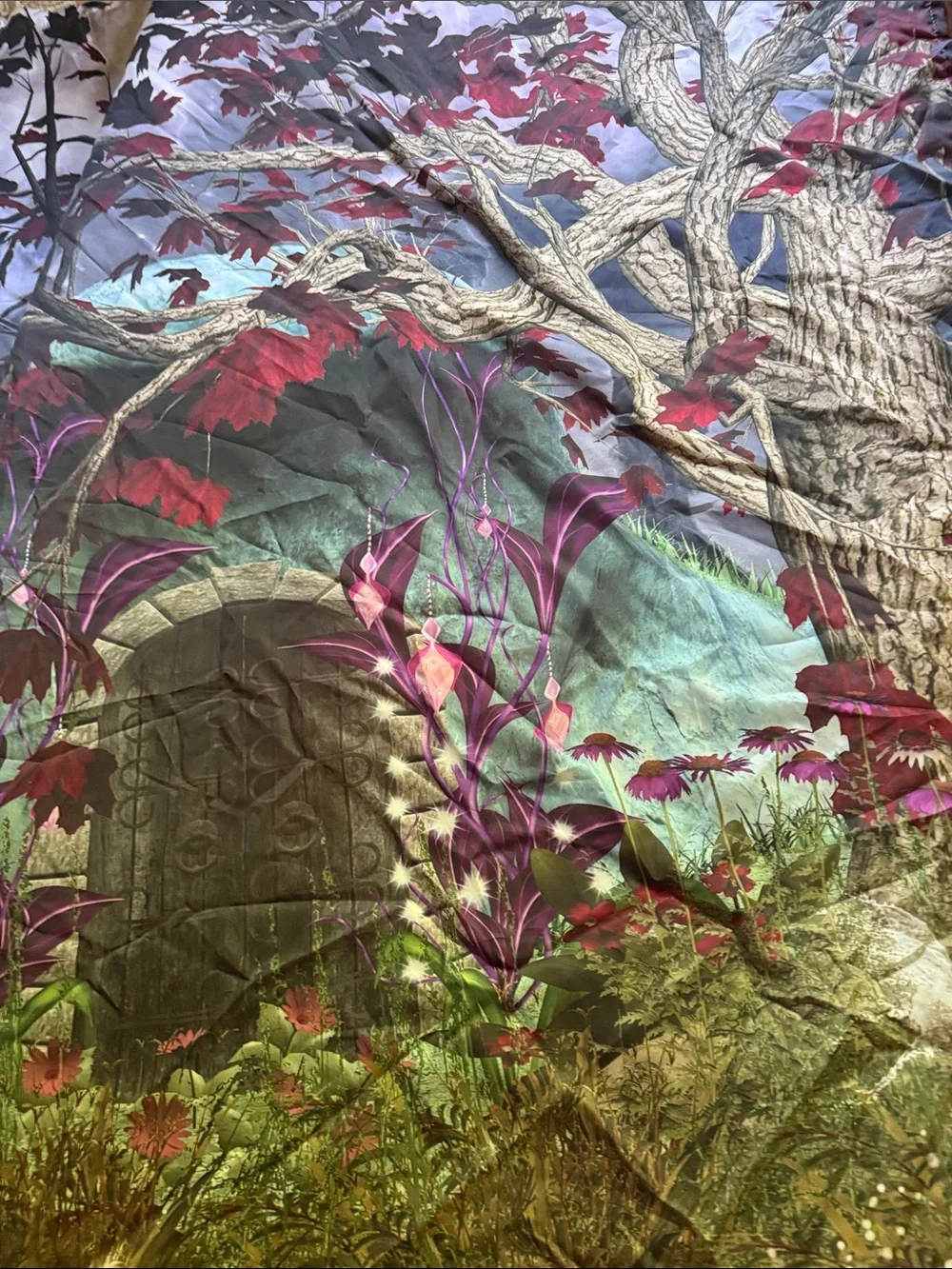 Shower curtain red Mystical magical tree cabin woods nature NEW NWT